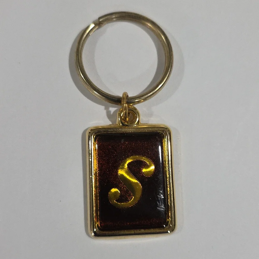 Gold Tone Rectangular Keychain with Initial 